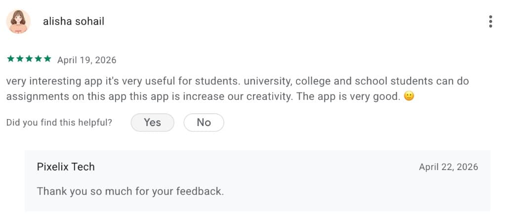 Google Play review by Alisha Sohail - 5 stars - very interesting app it's very useful for students.