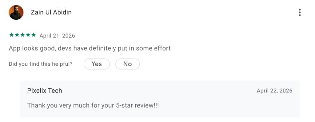 Google Play review by Zain Ul Abidin - 5 stars - App looks good, devs have definitely put in some effort.