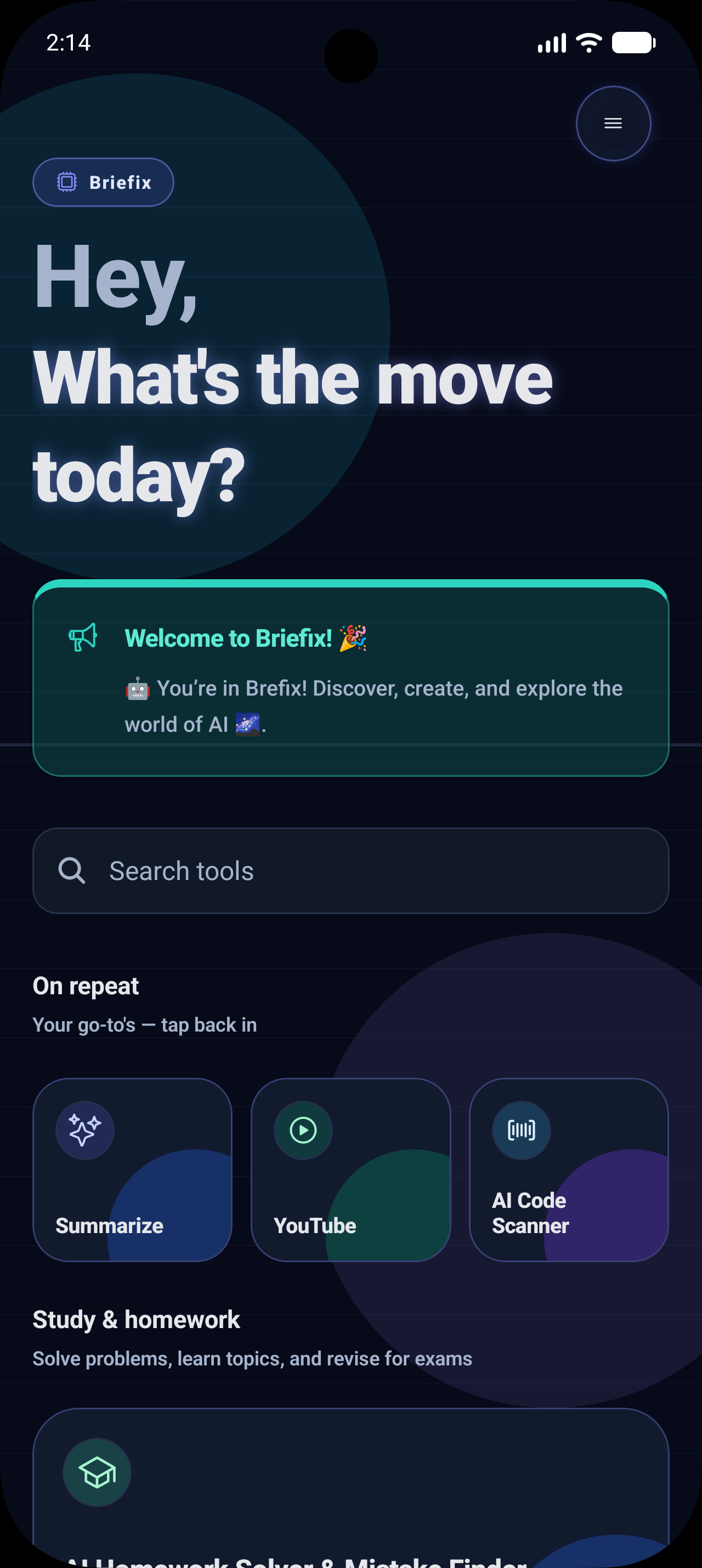 Briefix free all-in-one AI productivity app - welcome screen with Summarize, Scan, Homework, and YouTube cards