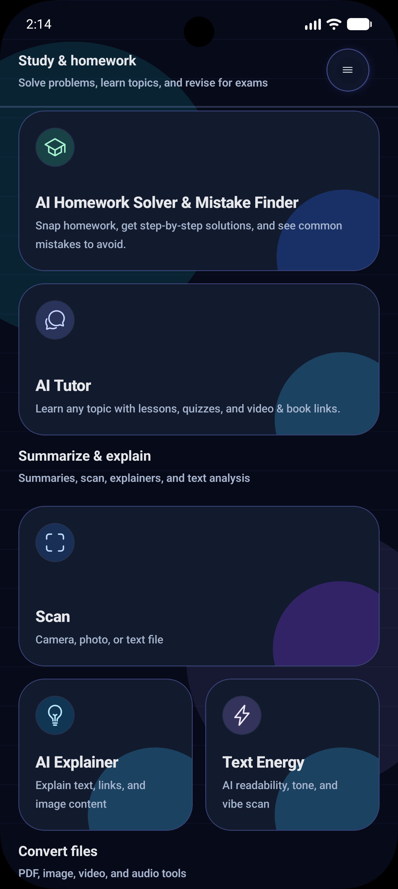 Briefix home screen - Summarize, Scan, YouTube, and PDF tools
